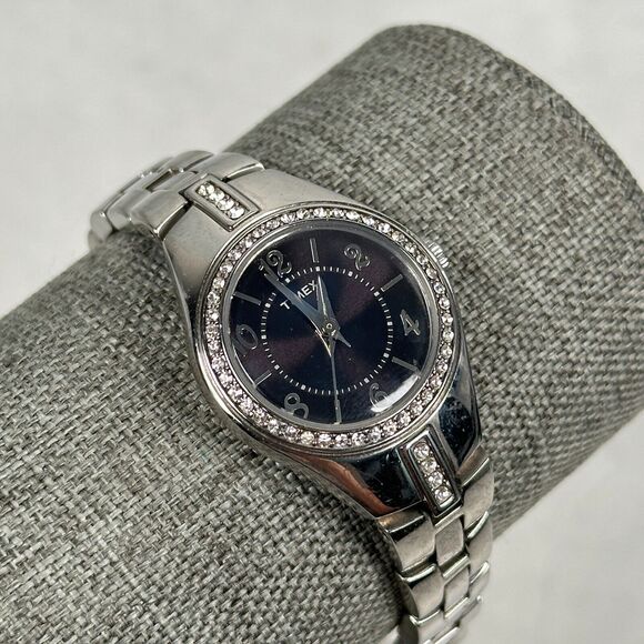 Timex Accessories - Timex Watch Women 25mm Round Pave Bezel Black Dial Silver Tone 6.25" New Battery